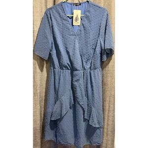 BTFBM Blue Ruffle V-Neck Short Sleeve Knee Length A-Line Womans Dress Size L NWT